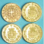 Three Italian Kingdom Umberto I 20-Lire coins, 1882 and a Vittorio Emanuelle 20-Lire coin, 1873, (