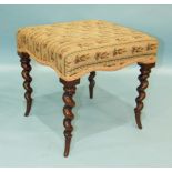 An attractive Victorian foot stool, the upholstered top with serpentine apron, on spiral-twist