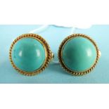 A pair of round ear clips set turquoise cabochons, in gold rope-twist mounts, marked '14k', 1.7cm
