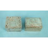 Two small rectangular Continental snuff boxes with embossed figural decoration, 4.1 x 3.3 x 1.9cm