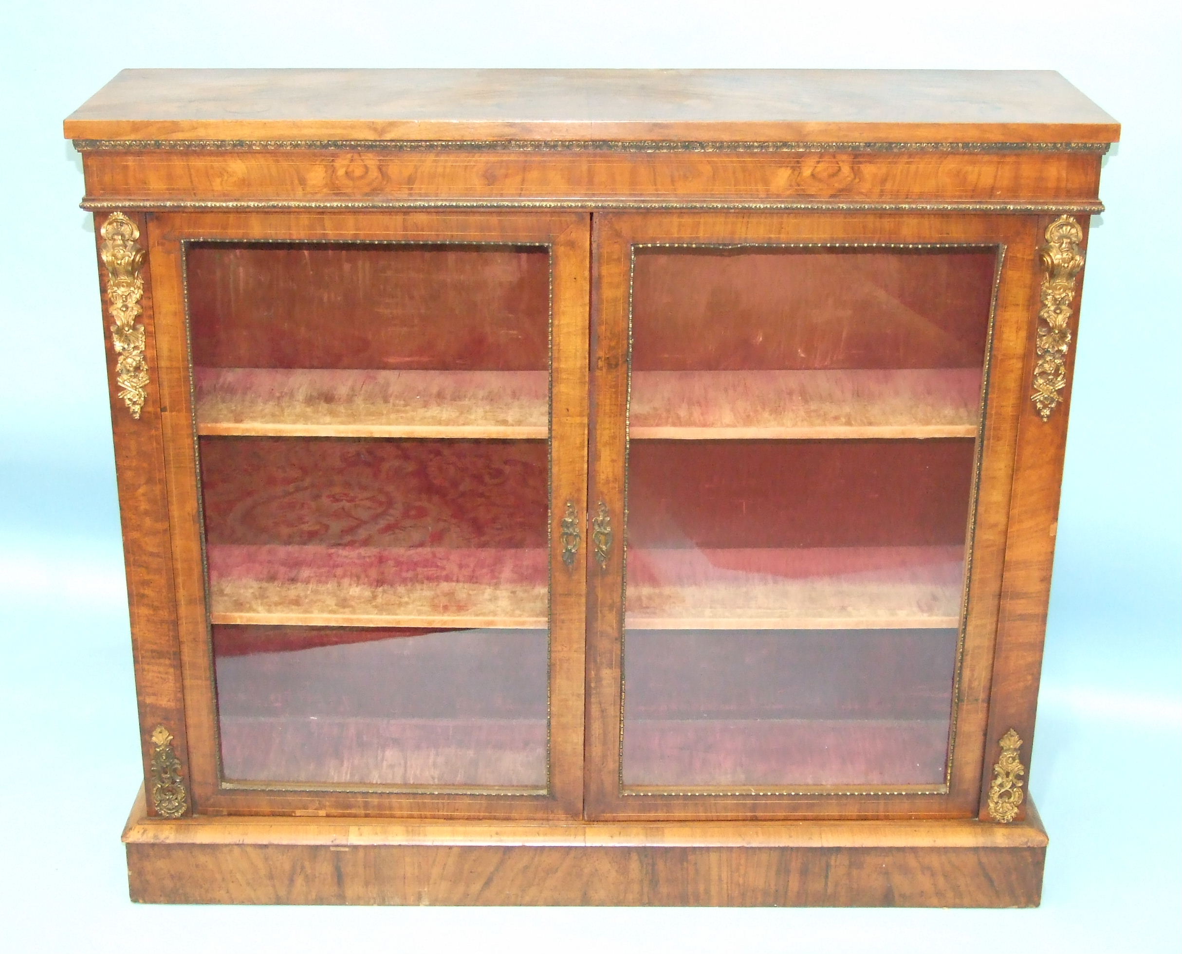 A Victorian walnut side cabinet, the rectangular top above a pair of plain glazed doors, on plinth - Image 2 of 2
