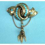 A mid-Victorian brooch of knot design set turquoises, with cannetile decoration and tassel and