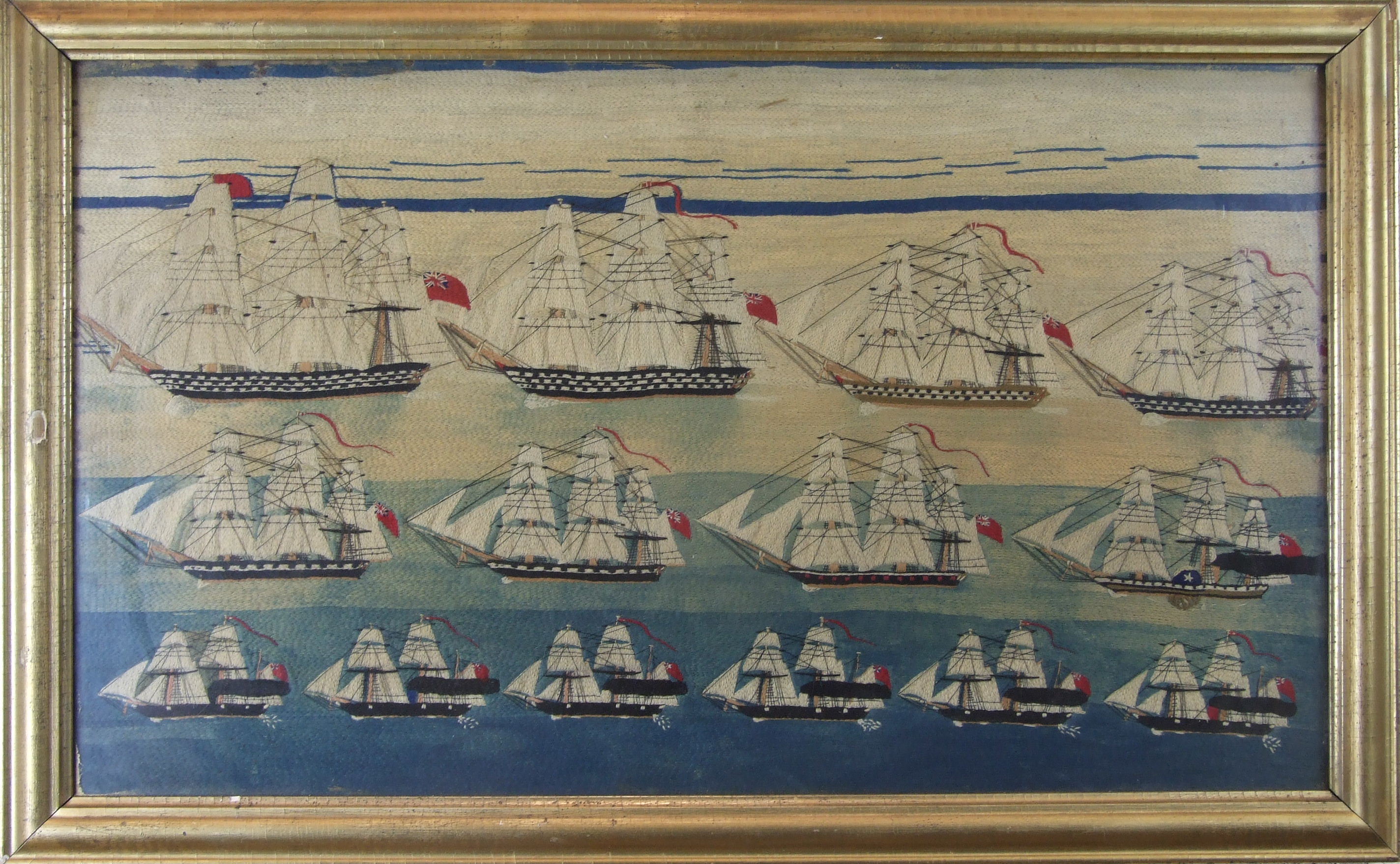 A good sailor's wool-work picture depicting a mid-19th century squadron of sail, steam-sail and - Image 2 of 2