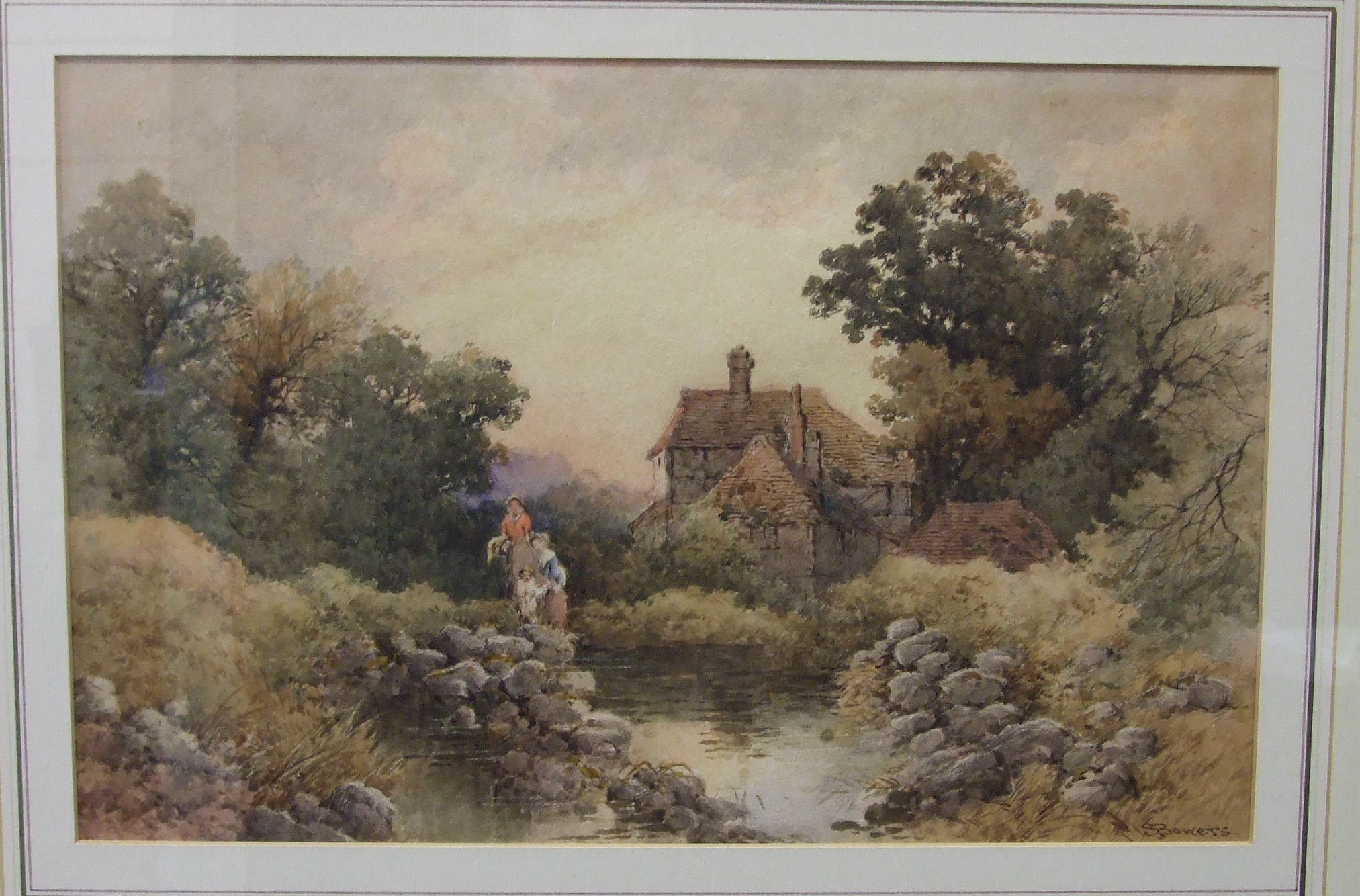 S Bowers FIGURES BESIDE A STREAM OUTSIDE A COTTAGE Signed watercolour, 24 x 37.5cm.