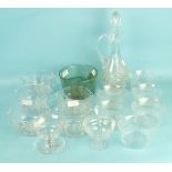 Four cut-glass finger bowls, 16cm diameter, a cut-glass wine jug and stopper and other glassware.