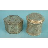 A small Continental 800 silver box of hexagonal shape, embossed with cherubs within Rococo