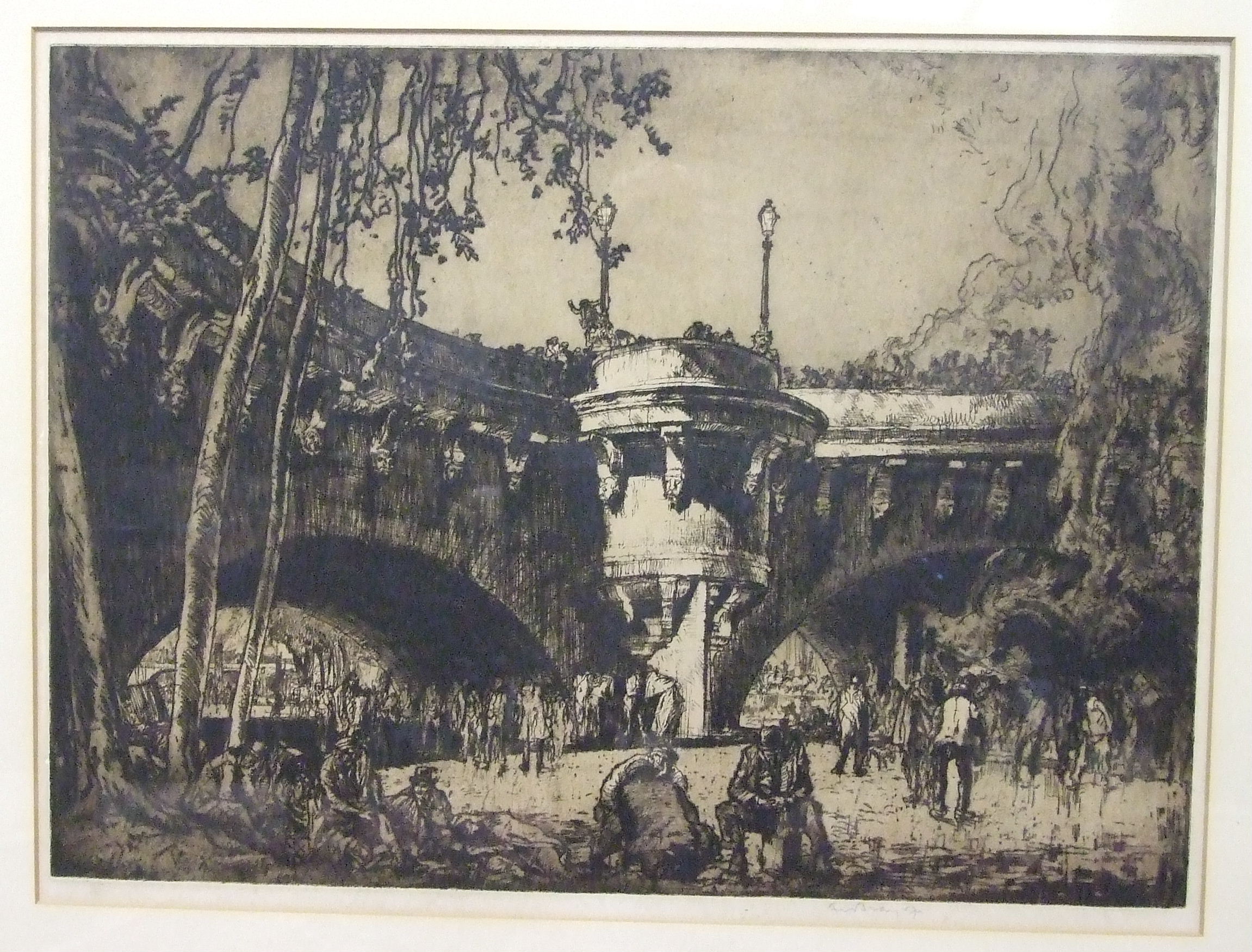 •After Sir Frank Brangwyn RA RWS RBA (1867-1956), 'The Viaduct', engraving, signed in pencil in