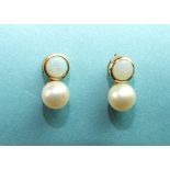 A pair of opal and pearl earrings, each collet-set a round opal with cultured pearl below, on 9ct