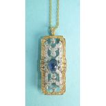 An Art-Deco-style sapphire and diamond brooch pendant centrally-set a cabochon sapphire in a