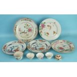 A group of five 18th century Chinese famille rose plates decorated with birds in trees and five