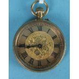 A ladies Continental 18ct-gold-cased open-face keyless pocket watch, the gilded face with floral