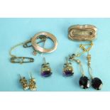 A pair of 9ct gold garnet pendant earrings, a pair of 9ct gold amethyst ear studs, a pair of opal