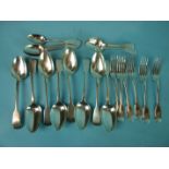 A collection of 19th century fiddle pattern flatware: eight dessert forks, six dessert spoons, six