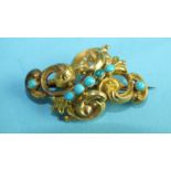 A Victorian brooch of scrolling form collet-set seven turquoises, 4.2cm, 4.8g, (repaired).