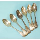 A set of six Georgian fiddle pattern teaspoons by RC & JB, ___4½oz.