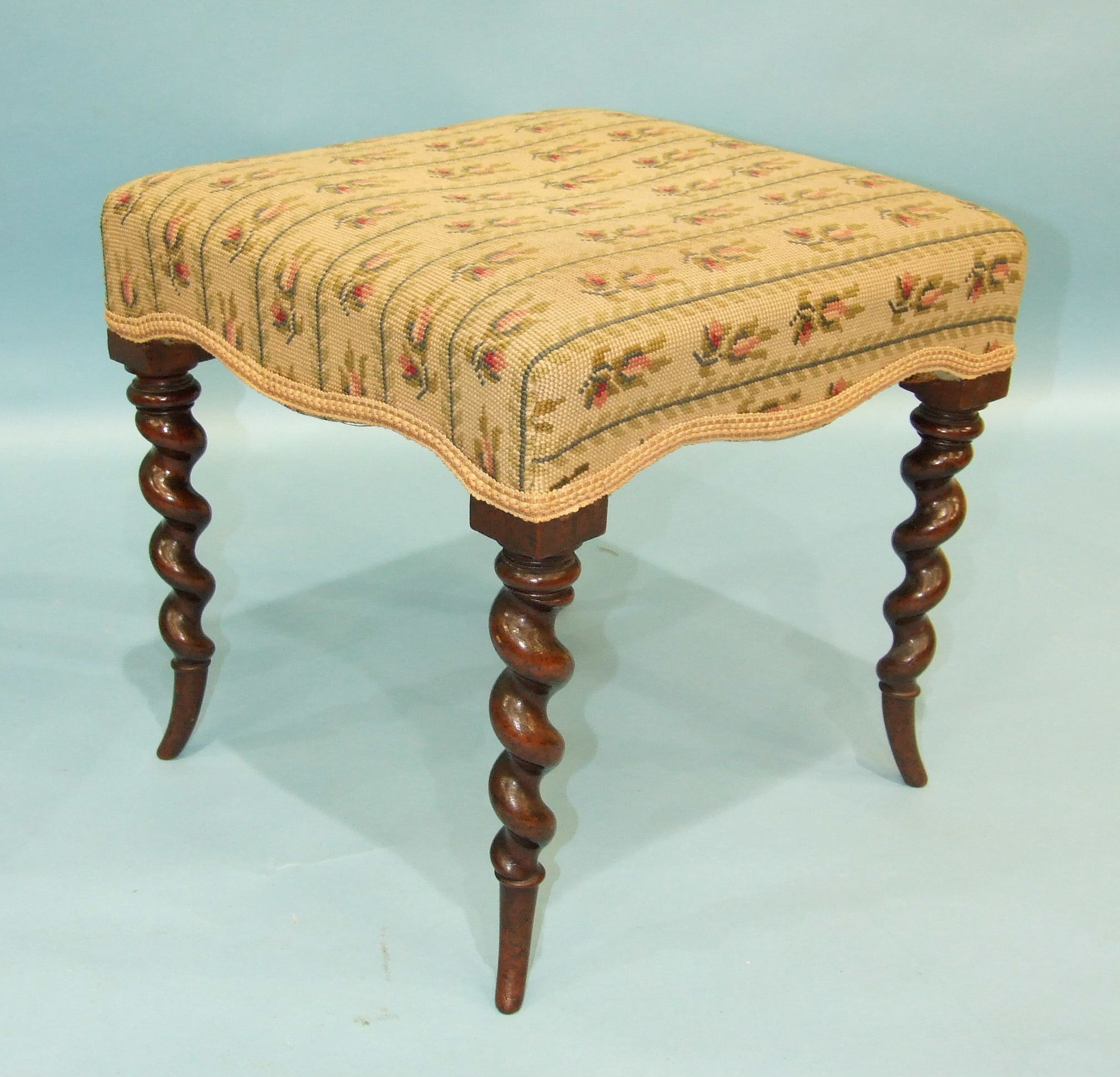 An attractive Victorian foot stool, the upholstered top with serpentine apron, on spiral-twist - Image 2 of 2