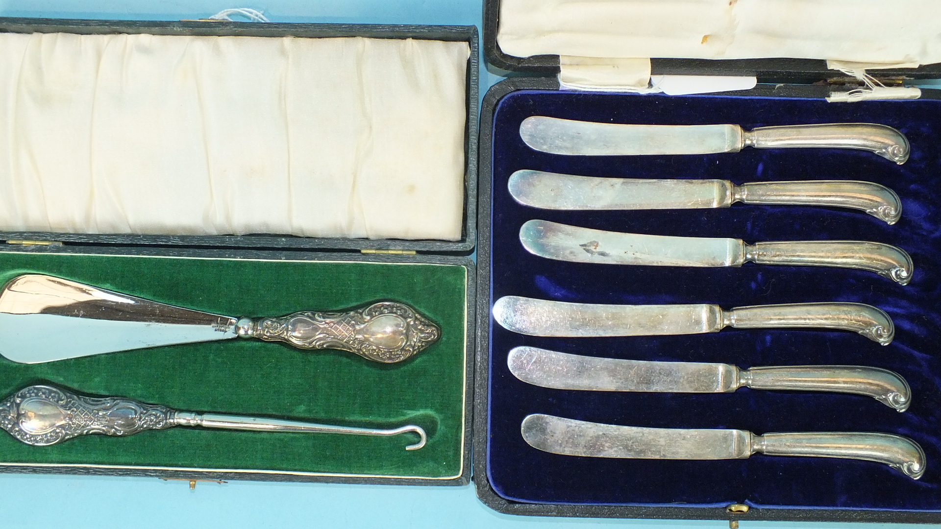 A cased silver-handled button hook and shoe horn, Chester 1914 and a cased set of silver pistol- - Image 2 of 2