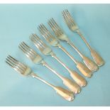 Six 19th century fiddle pattern table forks, various dates and makers, ___14½oz.