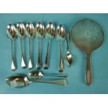 A set of six 20th century Old English tablespoons, London 1935, an engine-turned hand mirror and