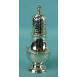 A George II pepper caster of plain bellied form, with pierced finialed top, 14cm high, London