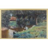 M Smythson (19th century) DUCKS ON A STREAM WITH BARN IN BACKGROUND Signed watercolour, dated