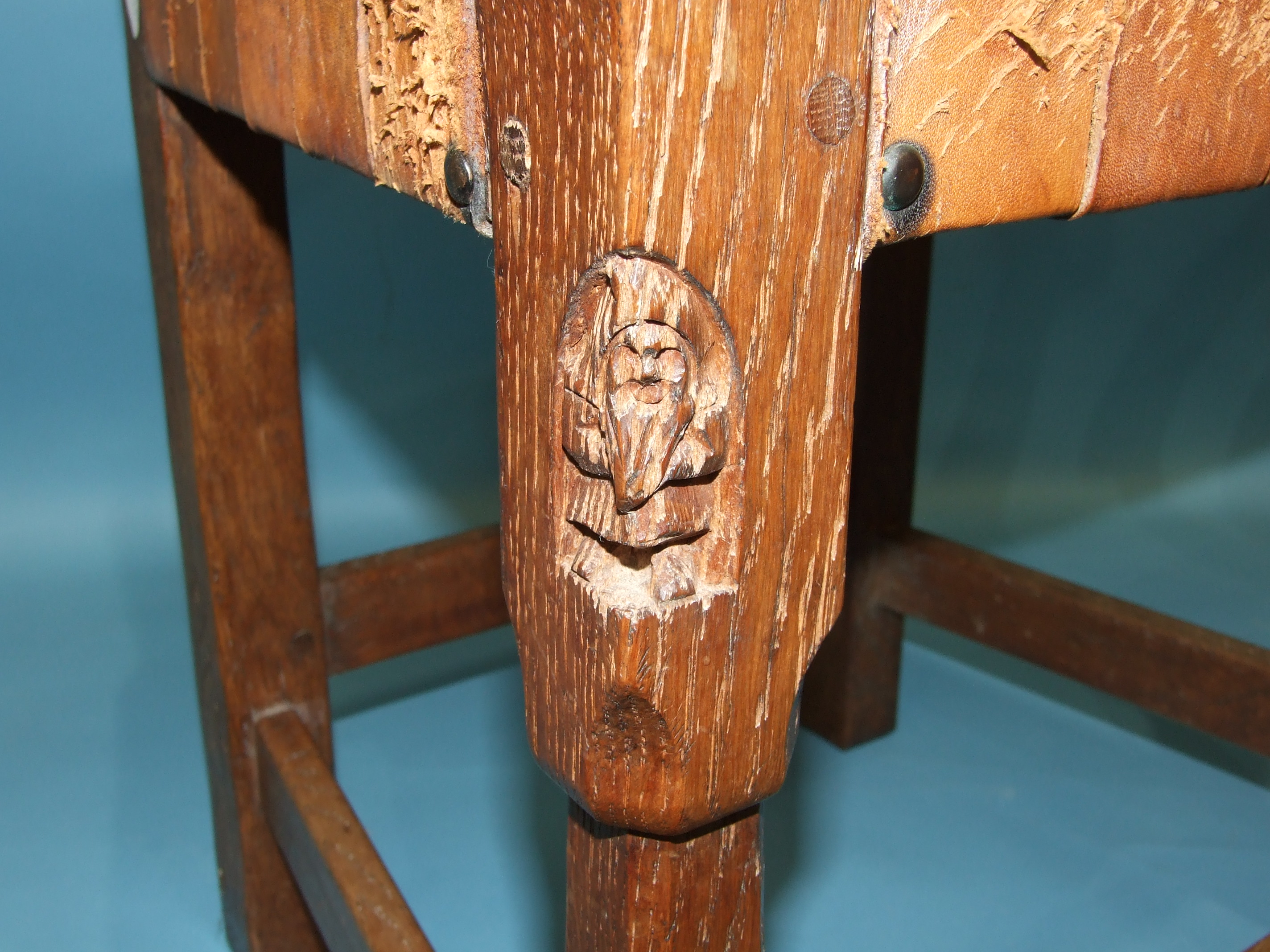 A pair of Thomas 'Gnomeman' Whittaker oak carver chairs, each with panelled back, woven-leather seat - Image 2 of 6