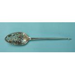 An 18th century mote spoon with spike finial and pierced elongated bowl, indistinctly-marked, 13cm.