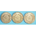 Three French Napoleon III 20-Francs coins, 1853, 1855 (x2), (3).