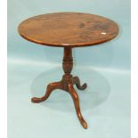 A Georgian mahogany circular tilt-top table with turned stem and cabriole tripod, 72cm diameter, (
