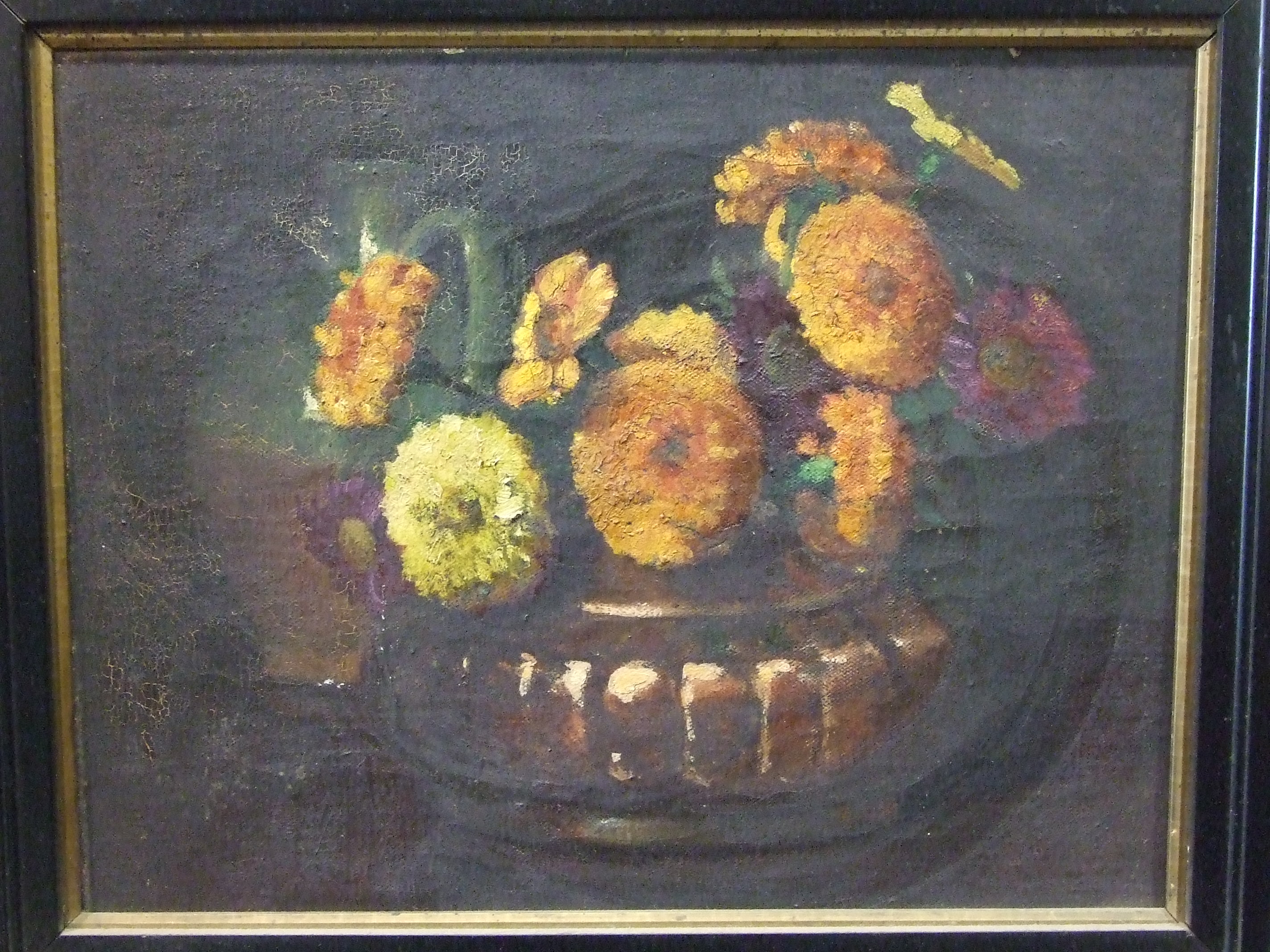 J N Hitchings (late-19th/early-20th century) MARIGOLDS IN COPPER BOWL Unsigned oil on canvas,