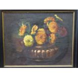 J N Hitchings (late-19th/early-20th century) MARIGOLDS IN COPPER BOWL Unsigned oil on canvas,