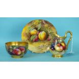 A Royal Worcester porcelain sugar bowl painted with fruit by George Mosely, gilt interior, a similar