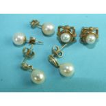 A pair of 14ct gold cultured pearl pendant earrings and two pairs of cultured pearl ear studs, 7.3g,