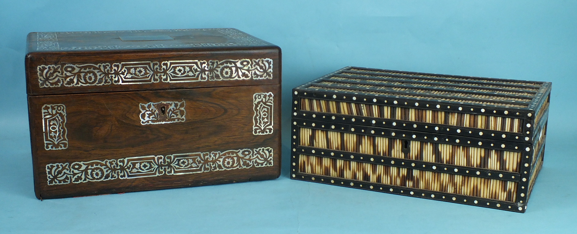 A rectangular porcupine quill box, 30cm wide and a mother-of-pearl-inlaid rosewood dressing case, (