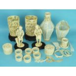 A box of 19th century Chinese and Japanese ivory items, including a pair of lantern vases, 20cm