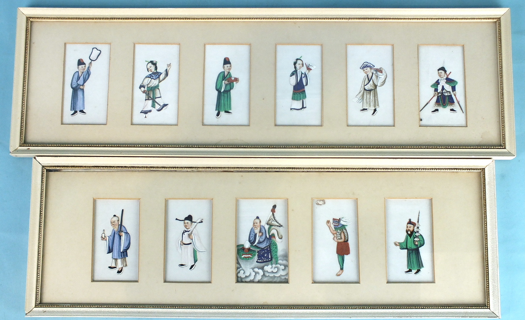 A group of eleven rice paper watercolours of Chinese figures, in two frames, each image 8 x 5cm.