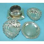 A pair of heart-shaped pierced bonbon dishes, Birmingham 1896, two modern ashtrays and a small