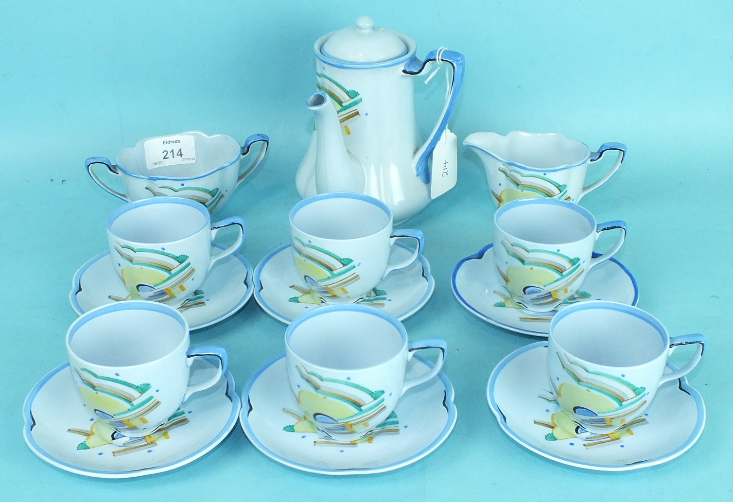 A Grays Pottery fifteen-piece coffee set with Art Deco hand-painted abstract geometric decoration