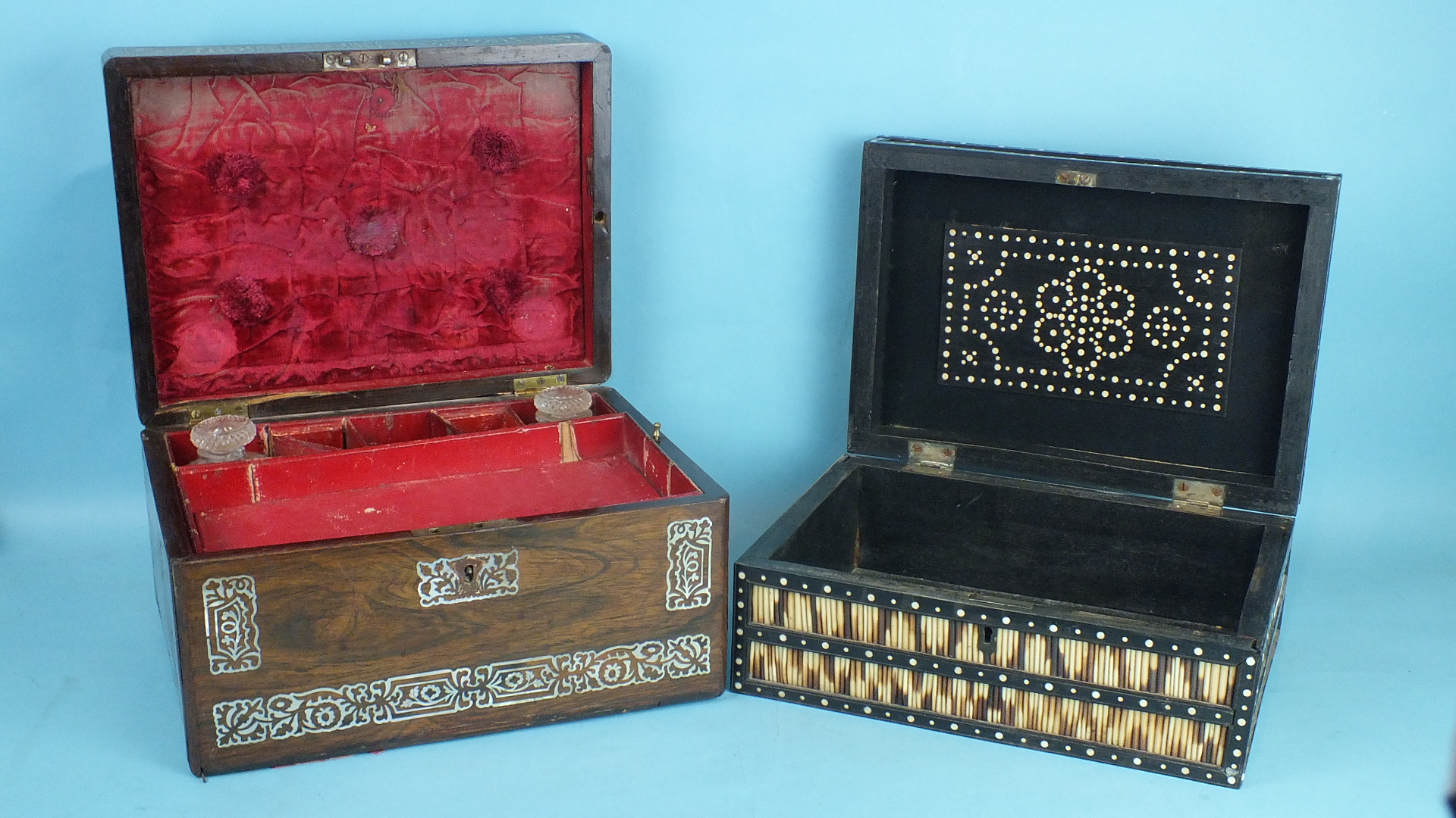 A rectangular porcupine quill box, 30cm wide and a mother-of-pearl-inlaid rosewood dressing case, ( - Image 2 of 2