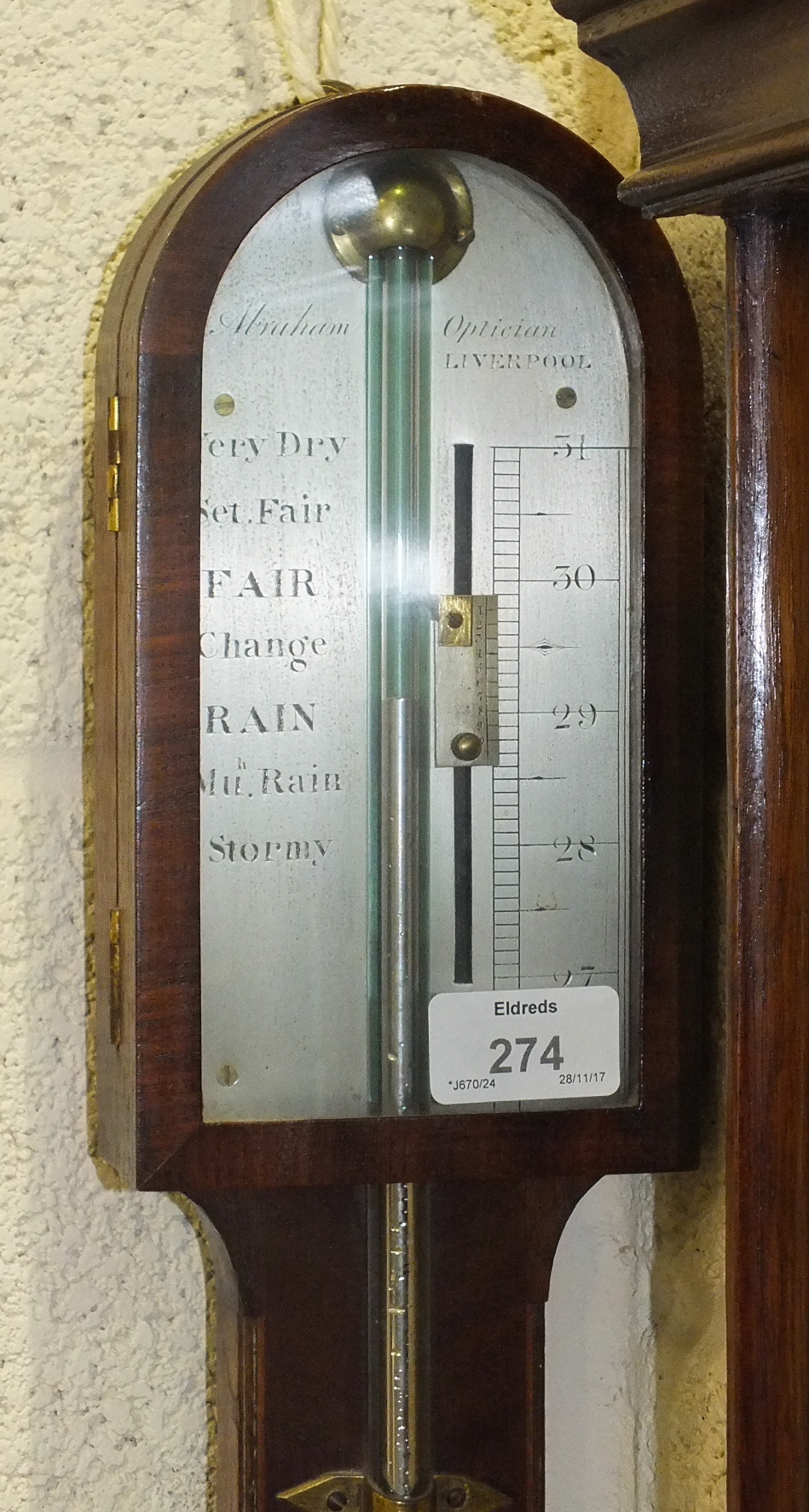 A late-Georgian mahogany stick barometer, the plain arch case with ball cistern cover and hinged - Image 2 of 2