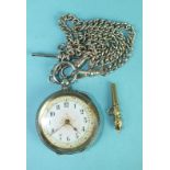 A ladies Continental silver-cased key-wind pocket watch, the pink and white enamel dial with
