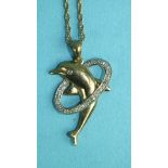 A modern 9ct gold pendant in the form of a dolphin leaping through an 8/8-cut diamond-set hoop, on