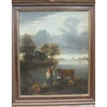 19th century Continental School A MILKMAID, CATTLE AND SHEEP BY A LAKE Unsigned oil on canvas, 80