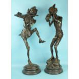A bronzed metal figure of a pixie playing a flute, on marble base, 86cm high and another blowing a
