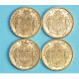Four Belgian Leopold II gold 20-Francs coins, 1870, 1874, 1875, 1877, (4).