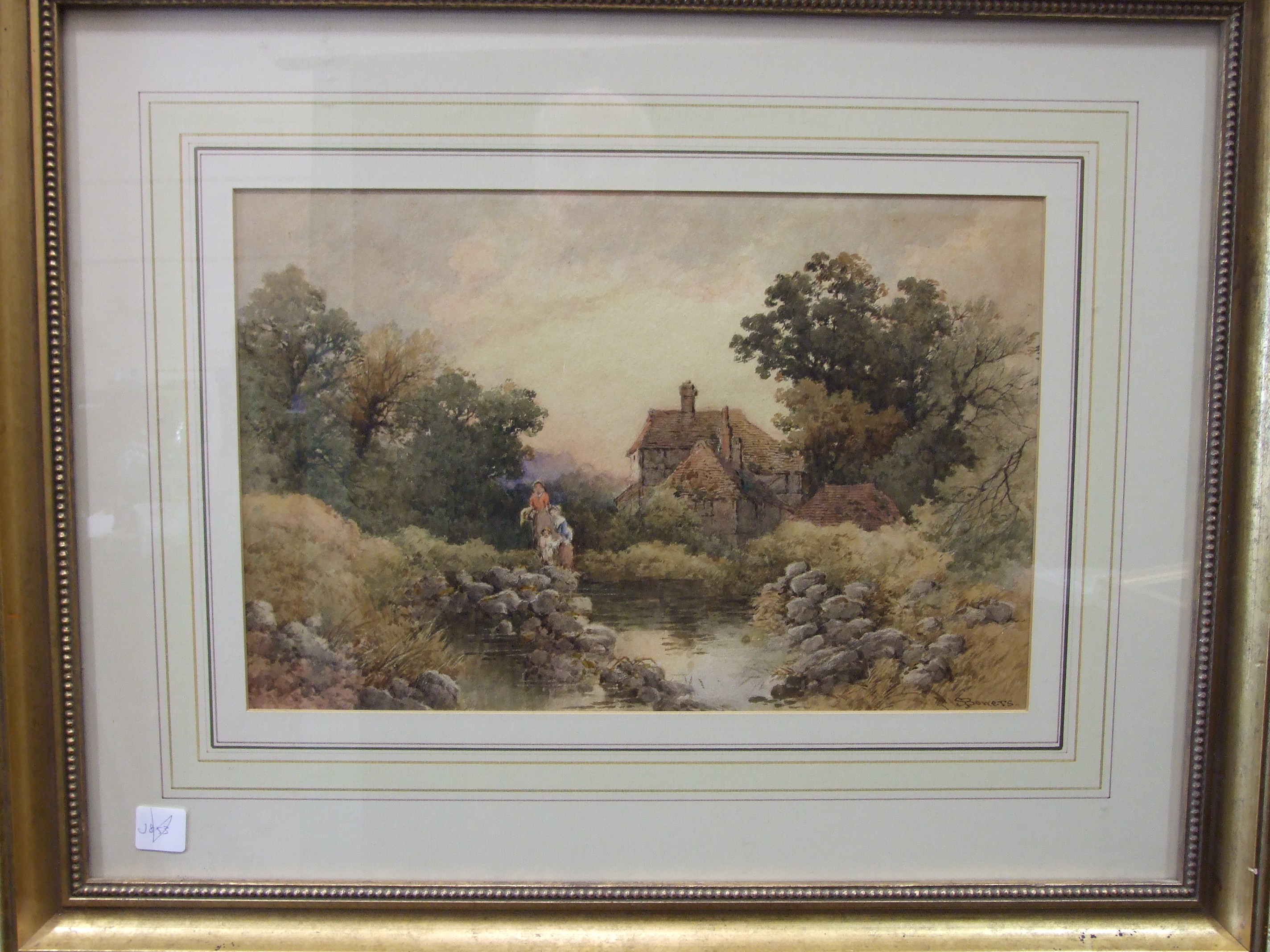 S Bowers FIGURES BESIDE A STREAM OUTSIDE A COTTAGE Signed watercolour, 24 x 37.5cm. - Image 2 of 3