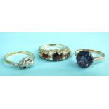 A yellow gold ring set synthetic sapphire, size M, a 9ct gold Victorian-style ring set garnets and