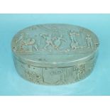 A Continental silver oval hinged trinket box with gilt interior, the lid embossed with country