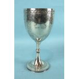 A Victorian engraved goblet on knopped stem and beaten circular foot, inscribed The Dermody Dart