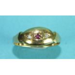 An 18ct gold gypsy ring set a ruby and two 8/8-cut diamonds, size N½, 2.1g.